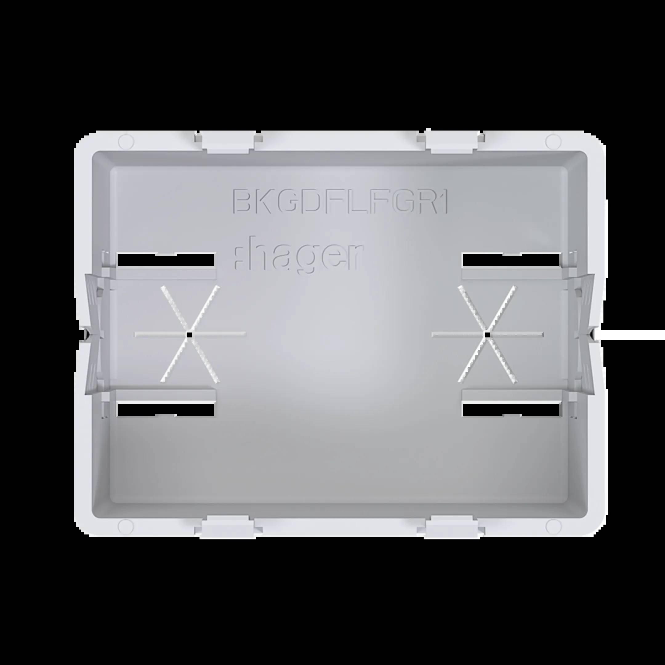 Biała, prostokątna puszka podtynkowa firmy Hager, z otworami i punktami mocowania, odpowiednia do instalacji obwodów elektrycznych.