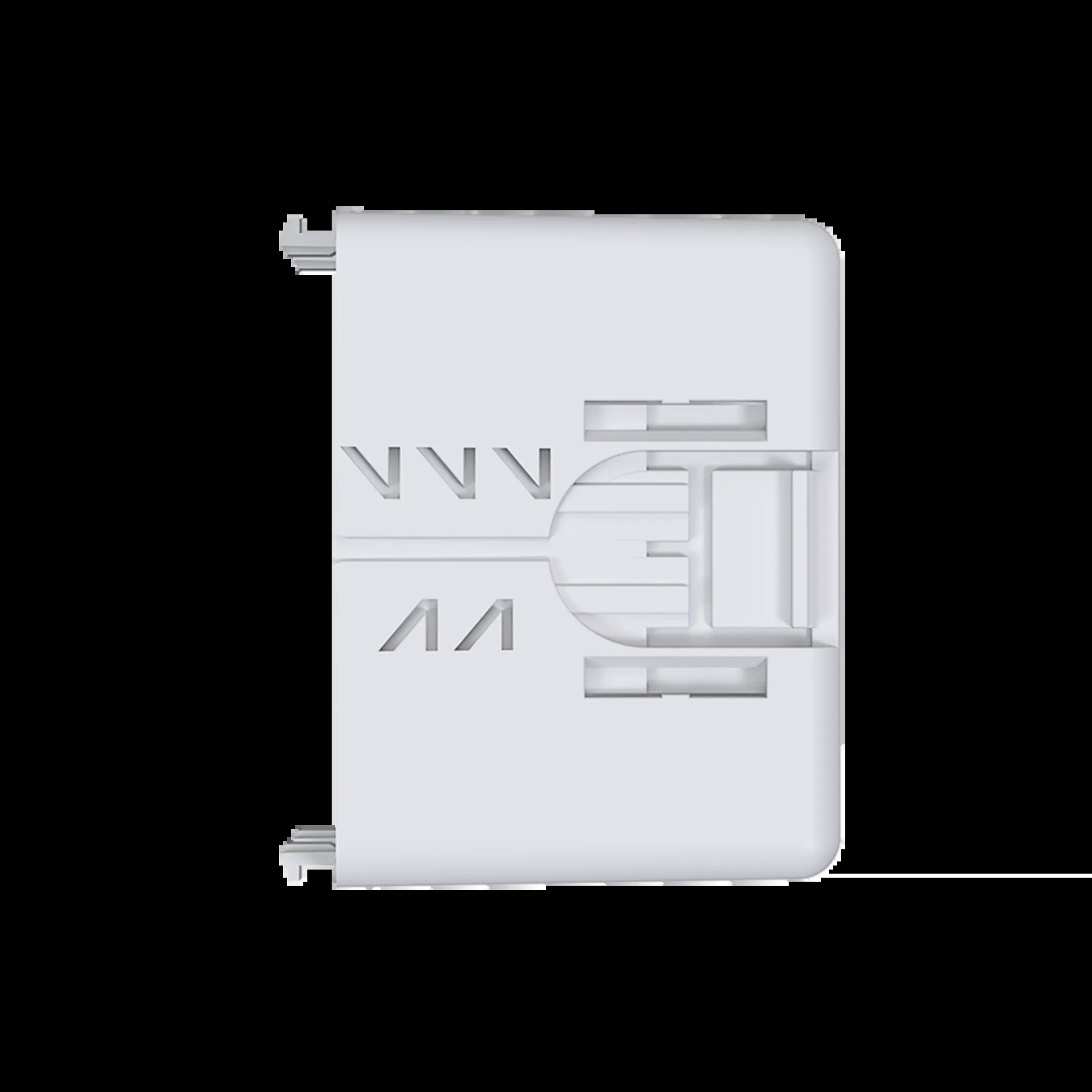 Biały, prostopadłościenny złącz z wieloma zaciskami przyłączeniowymi i elementami mocującymi po bokach, sfotografowany na czarnym tle.