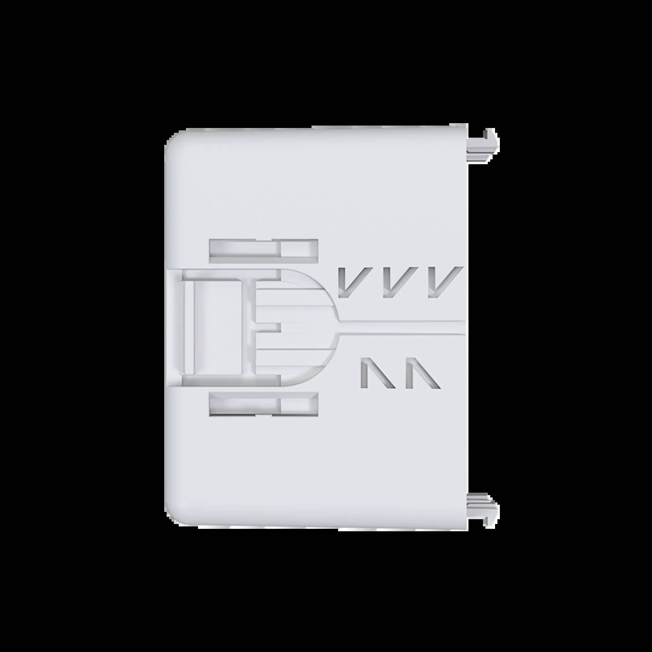 Biały plastikowy wtyk o prostokątnym kształcie, z bocznymi stykami przyłączeniowymi i centralnym wycięciem, sfotografowany na czarnym tle.