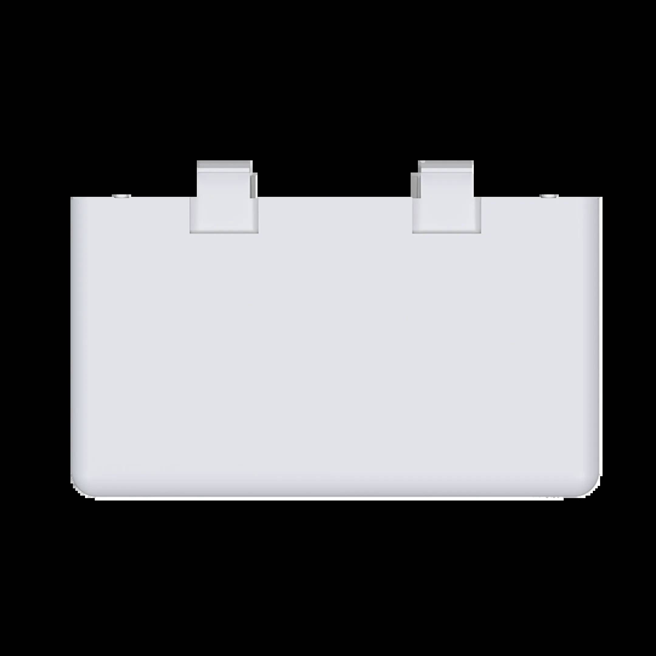 Prostokątny, biały obiekt z dwoma lekko zakrzywionymi do góry klipsami, na czarnym tle. Może przypominać urządzenie techniczne.