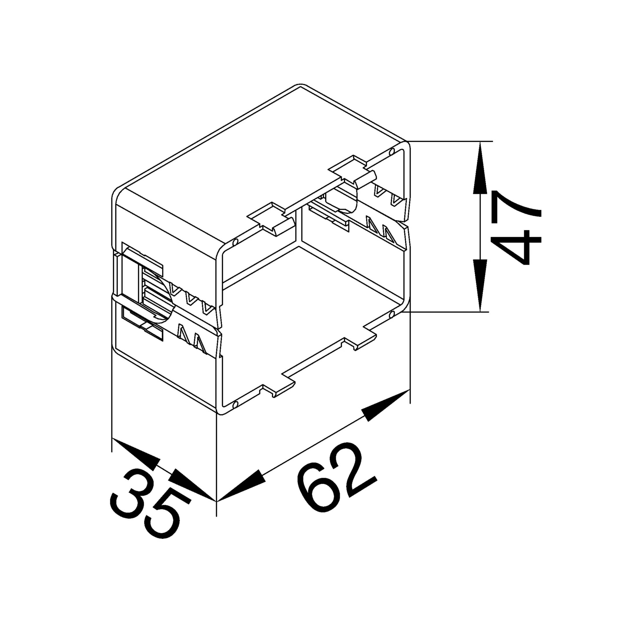 Rysunek techniczny obudowy prostokątnej o wymiarach: szerokość 62 mm, wysokość 47 mm, głębokość 35 mm. Odpowiednia dla podzespołów elektronicznych.