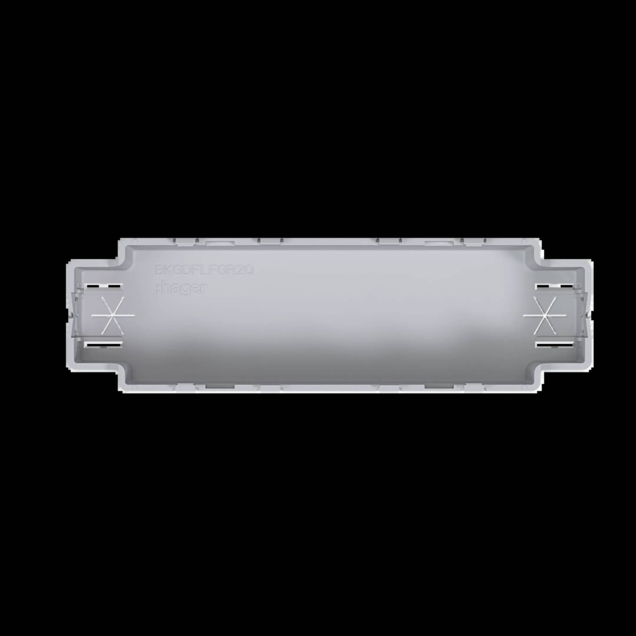 Szare, prostokątne obudowa z tworzywa sztucznego z zaczepami mocującymi po bokach, prawdopodobnie stanowiąca element urządzenia elektronicznego.