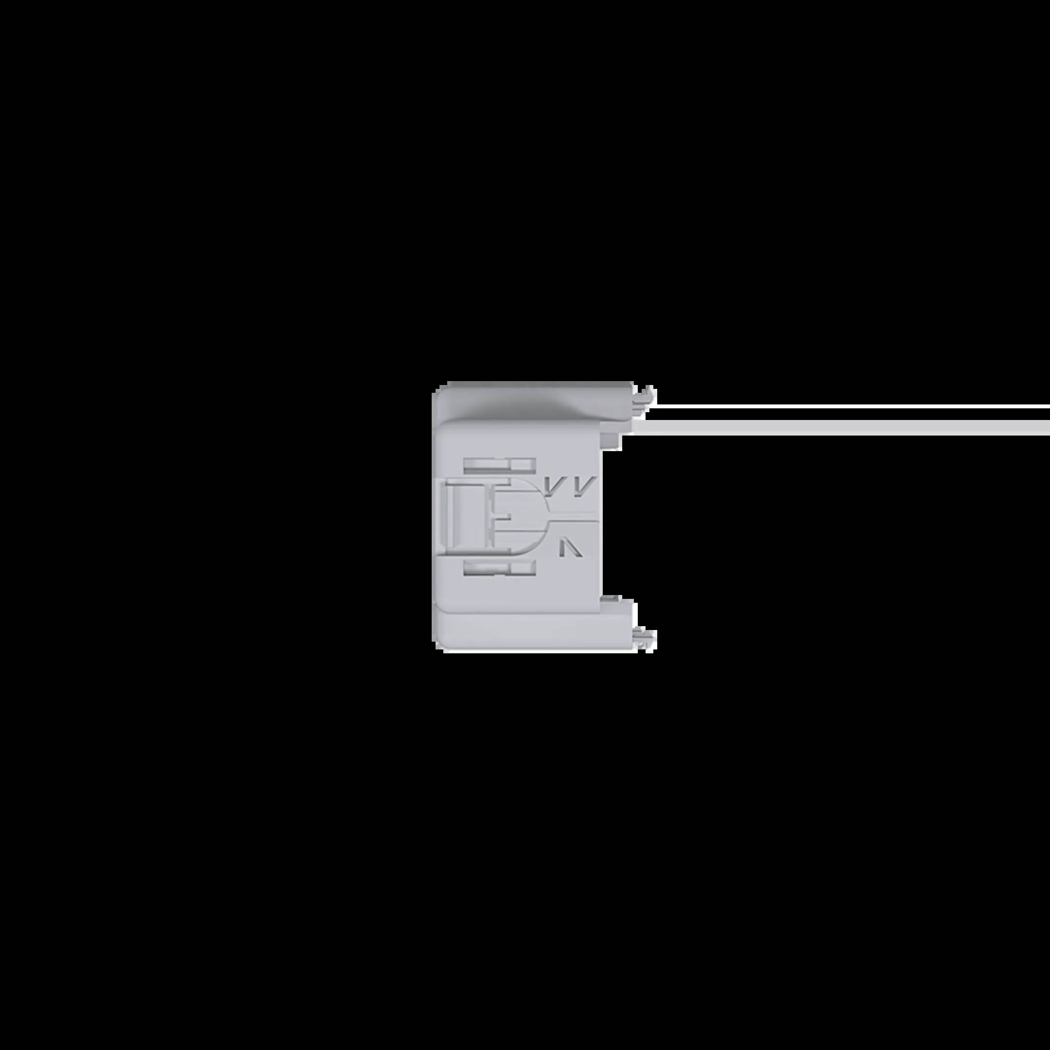 Mały, szary wtyk plastikowy z bocznym obszarem mocowania. Nadaje się do łączenia cienkich przewodów.