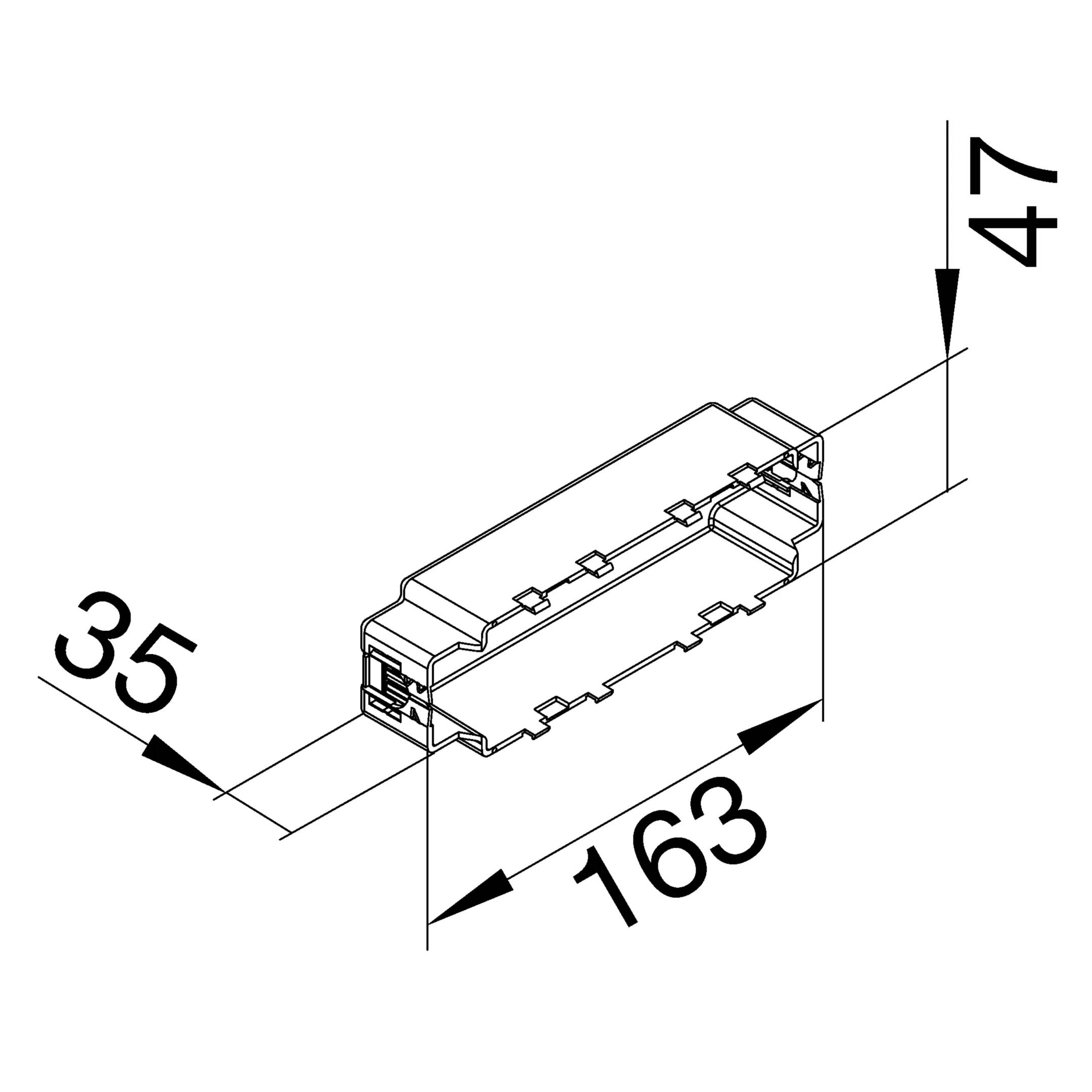 Rysunek techniczny prostokątnego złącza elektrycznego o wymiarach 163 mm długości, 35 mm szerokości i 47 mm wysokości.