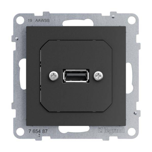 Moduł gniazd USB w czarnej ramce, przystosowany do montażu ściennego, mocowany dwoma śrubami.