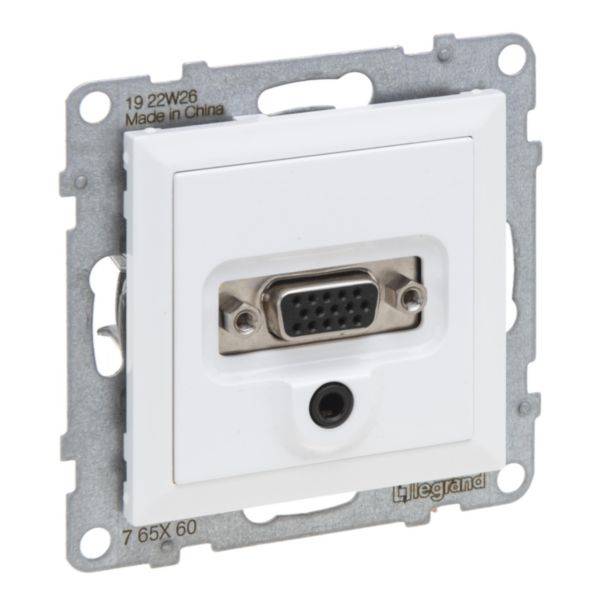 Biała ścienna wtyczka VGA i audio firmy Legrand, przeznaczona do montażu podtynkowego, służąca do transmisji sygnałów wideo i audio.