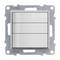 Trójsekcyjny, biały włącznik światła w kwadratowej metalowej ramce.