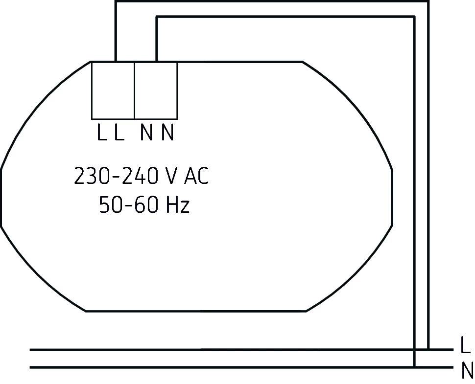 Elektryczny schemat połączeń z napięciem 230-240 V AC i częstotliwością 50-60 Hz. Zaciski oznaczone jako 'L', 'N'.