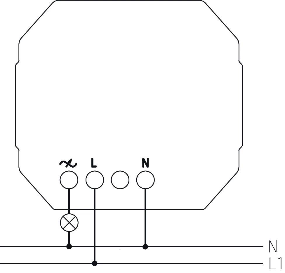 Schemat połączeń elektrycznego przełącznika z czterema zaciskami: trzy obwody i symbol prądu przemiennego w lewym dolnym rogu; linie łączą zaciski.