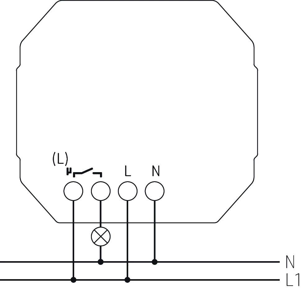 Schemat obwodu elektrycznego z przewodem neutralnym (N) i przewodem fazowym (L), przedstawiający przełącznik, lampę i symbole uziemienia, opisujący połączenie elektryczne.