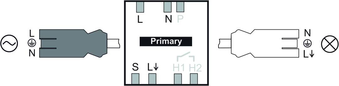 Schemat transformatora z oznaczeniami 'Pierwotny', 'L', 'N', 'P', 'S', 'L', 'H1', 'H2'. Przedstawia połączenia obwodów elektrycznych.