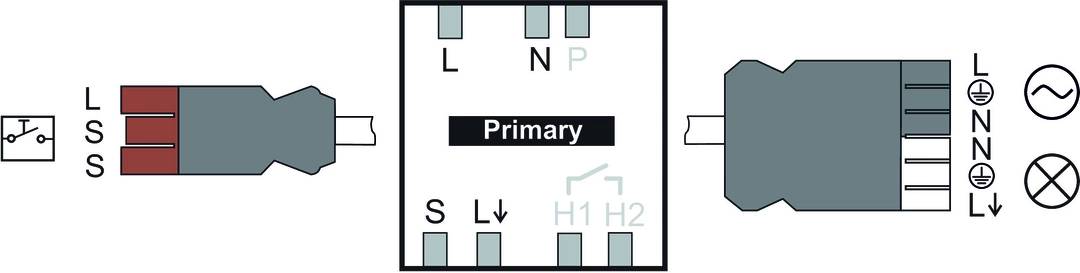 Schemat elektryczny: Góra 'L', 'N', 'P'; dół 'S', 'L' ze strzałką w dół; środek 'Primary'; prawa strona 'H1', 'H2'.