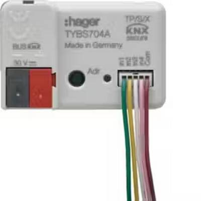 Mała elektroniczna komponenta z wielokolorowymi przewodami, wyprodukowana w Niemczech. Zawiera symbole i informacje techniczne.