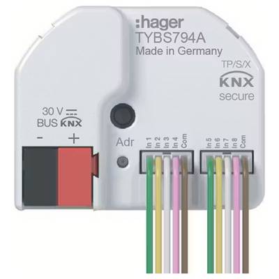 Aktor Hager KNX, model TYBS794A, z wieloma podłączonymi kablami. Oznaczony napisami 'Made in Germany' i 'KNX secure'.