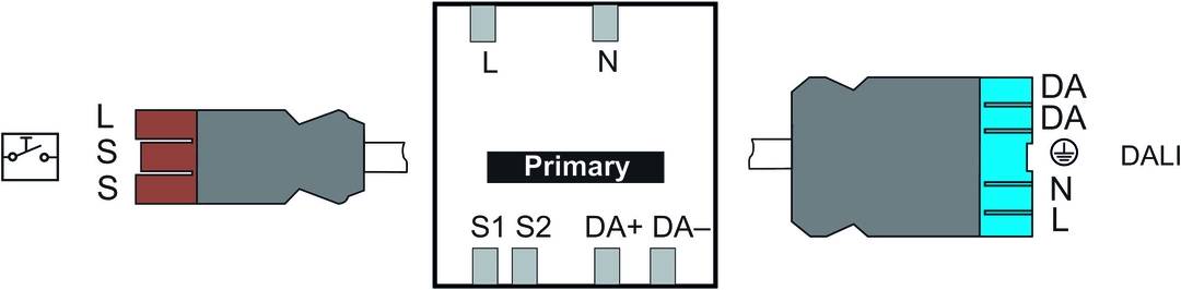 Schemat elektryczny z oznaczeniami 'L' i 'N' u góry, 'Primary' pośrodku, na dole 'S1', 'S2', 'DA+', 'DA-'.