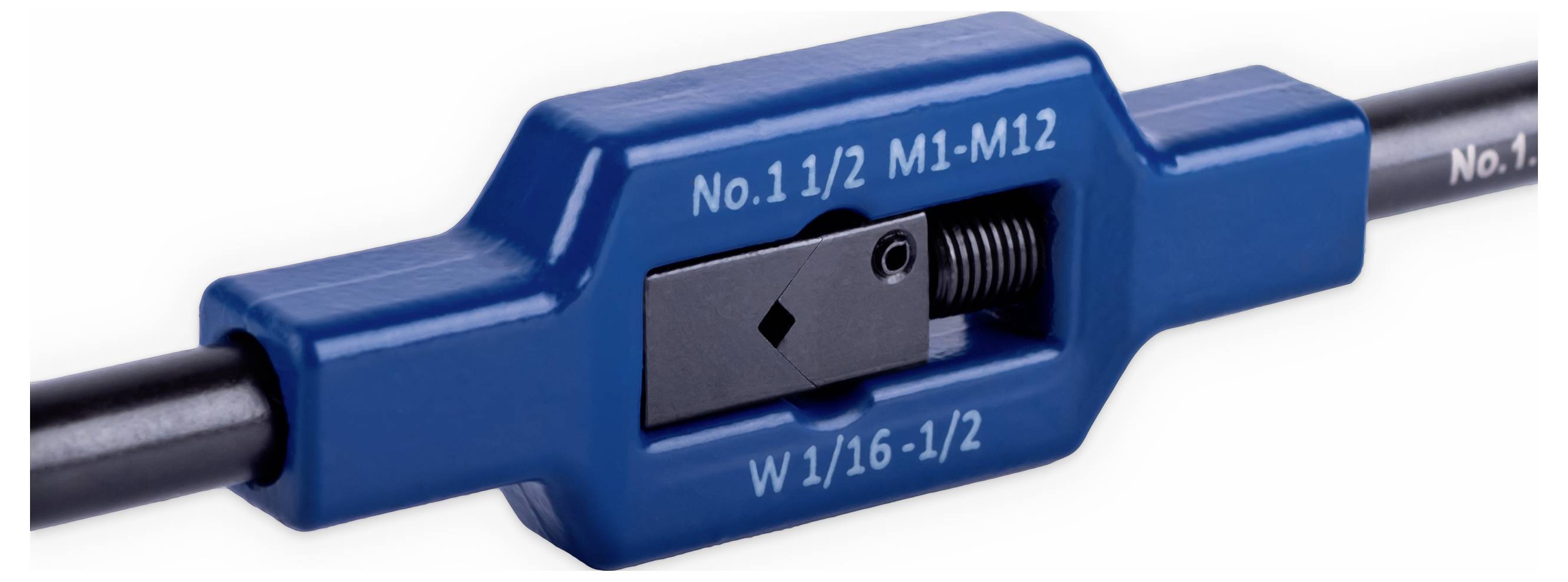 Niebieski obcinak do rur z napisem 'No. 1 1/2 M1-M12' oraz 'W 1/16-1/2', odpowiedni do cięcia rur o różnych rozmiarach.