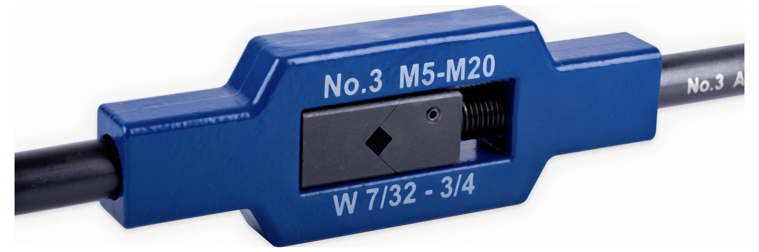 Niebieskie narzędzie skrawające do korekcji gwintów, oznaczone jako 'No.3 M5-M20' oraz 'W 7/32 - 3/4'. Narzędzie trzyma czarny kabel.