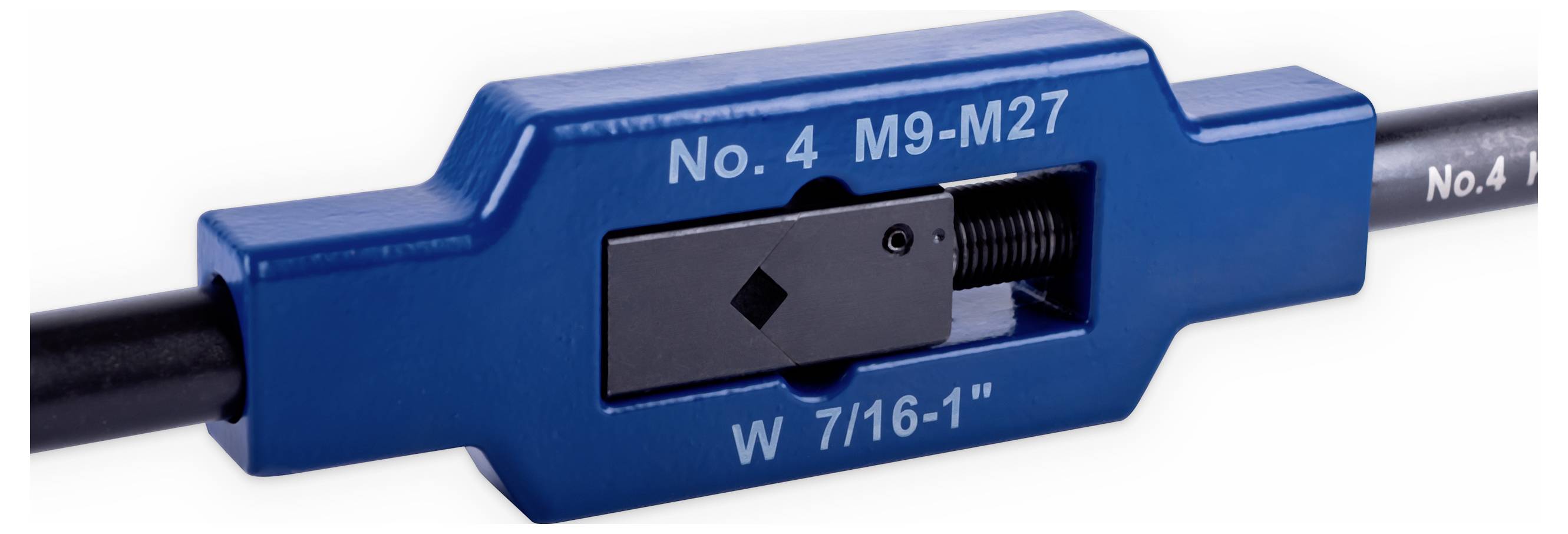 Niebieski przyrząd do gwintowania, oznaczony jako 'No. 4 M9-M27' oraz 'W 7/16-1'.