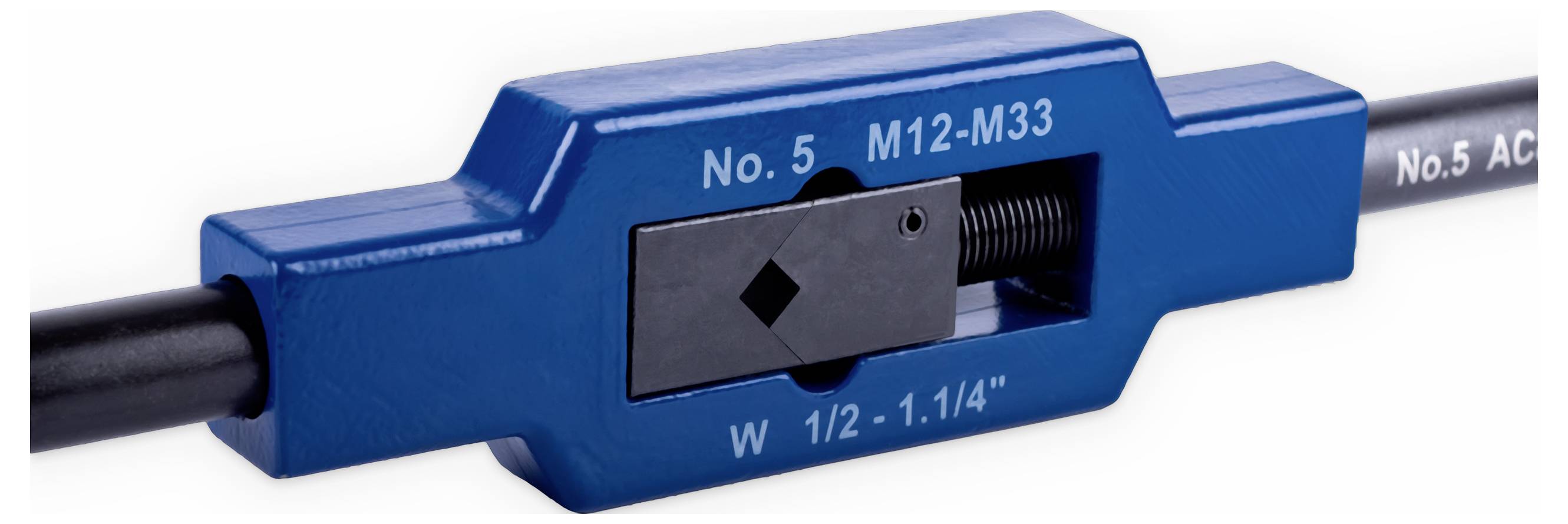 Niebieski przyrząd do gwintowania外nych na rurach lub prętach, oznaczony napisem 'No. 5 M12-M33', odpowiedni dla różnych rozmiarów.