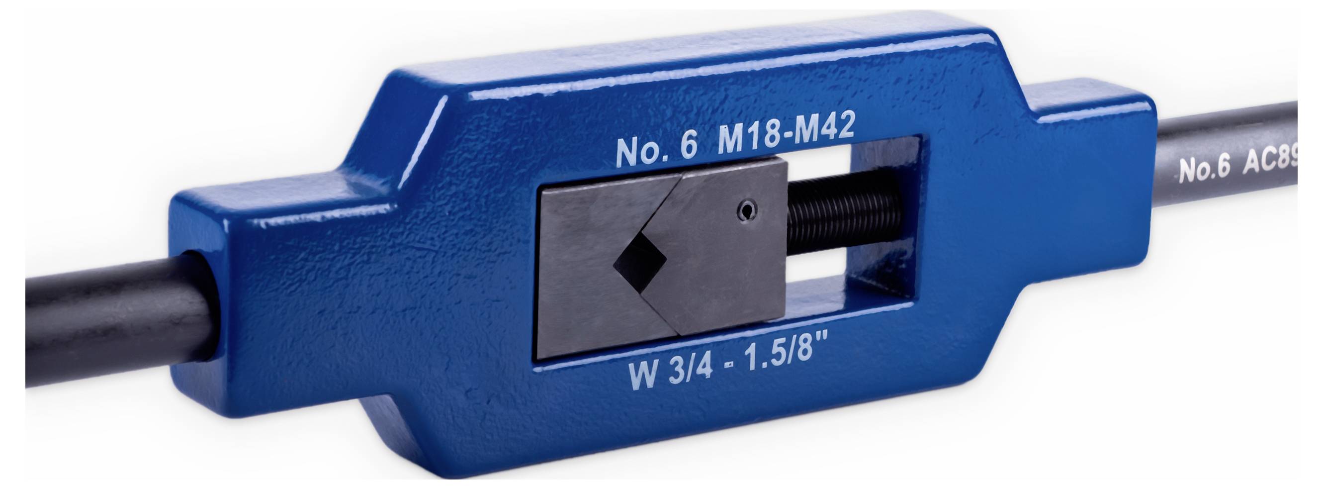 Niebieski przyrząd do naprawy gwintu; prostokątny kształt z czarnym gwintem pośrodku, z oznaczeniem 'No. 6 M18-M42'.