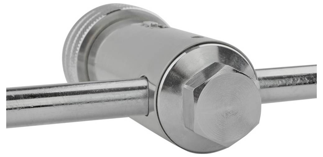 Mechanizm metalowy z dużym sześciokątnym sworzniem pośrodku, połączony z dwiema równoległymi prętami.