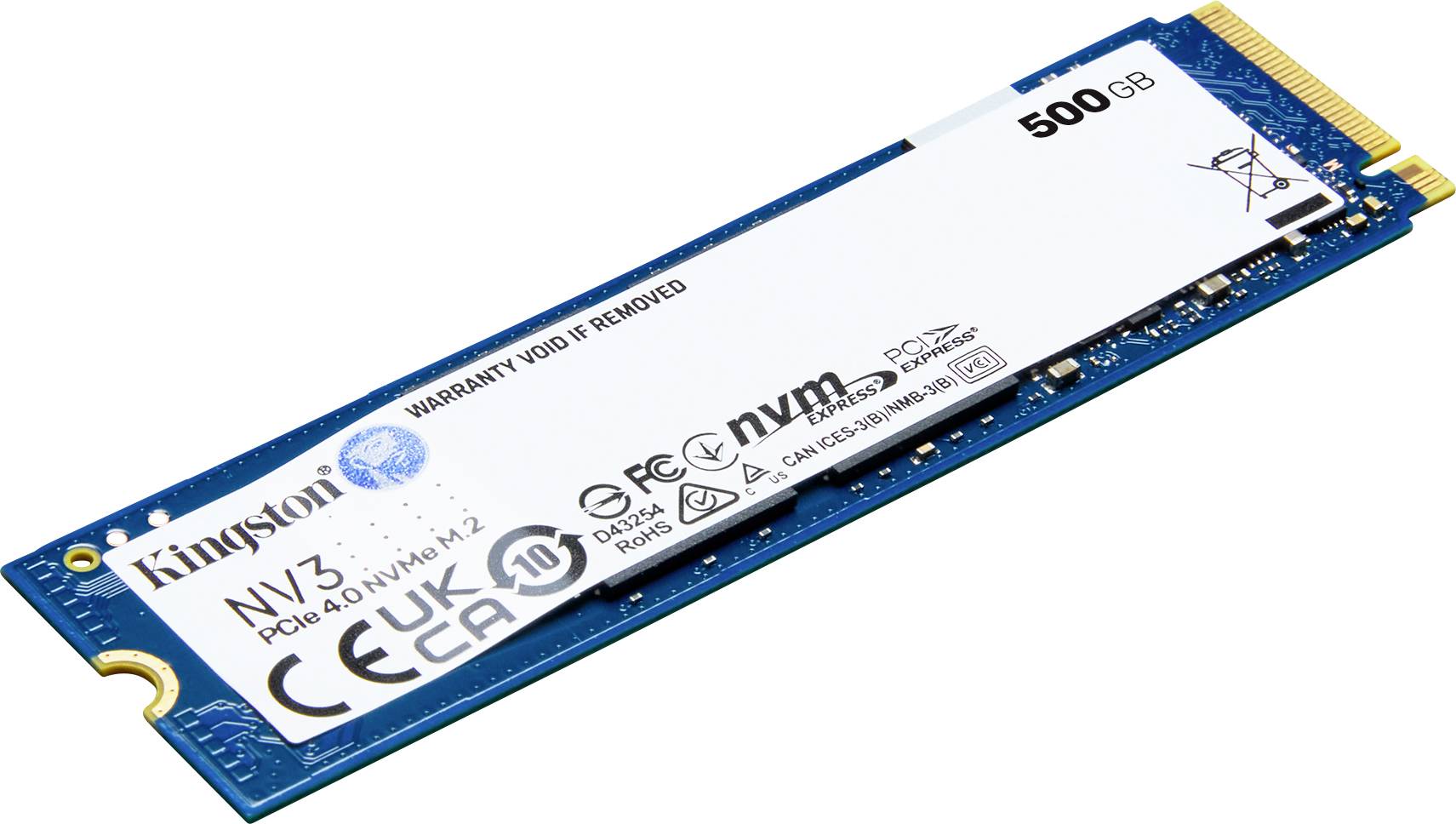 Dysk SSD NVMe firmy Kingston o pojemności 500 GB. Opisy wskazują dane takie jak 'NV3 PCIe 4.0 NVMe M.2'.