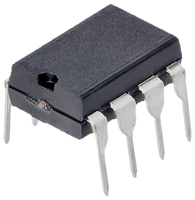 Ośmiostykowy, czarny scalony układ elektroniczny (IC) z srebrnymi stykami, przedstawiony na jasnym tle.