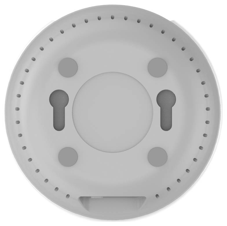 Okrągły, szary czujnik dymu z otworami wentylacyjnymi i punktami mocowania od spodu, przeznaczony do montażu sufitowego.