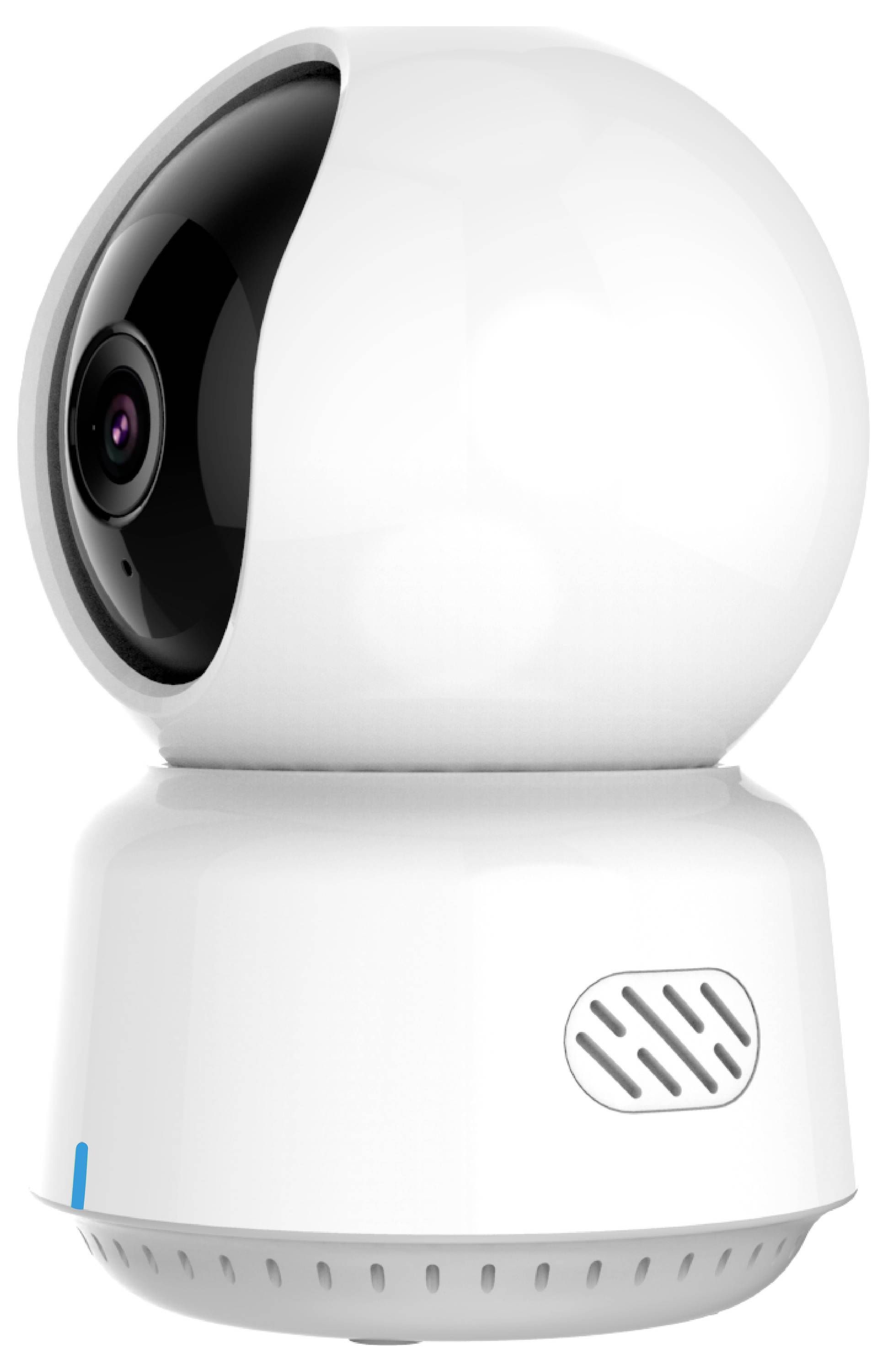 Biała kamera monitorująca z czarnym obiektywem i mikrofonem, wyglądająca na obrotową i regulowaną.