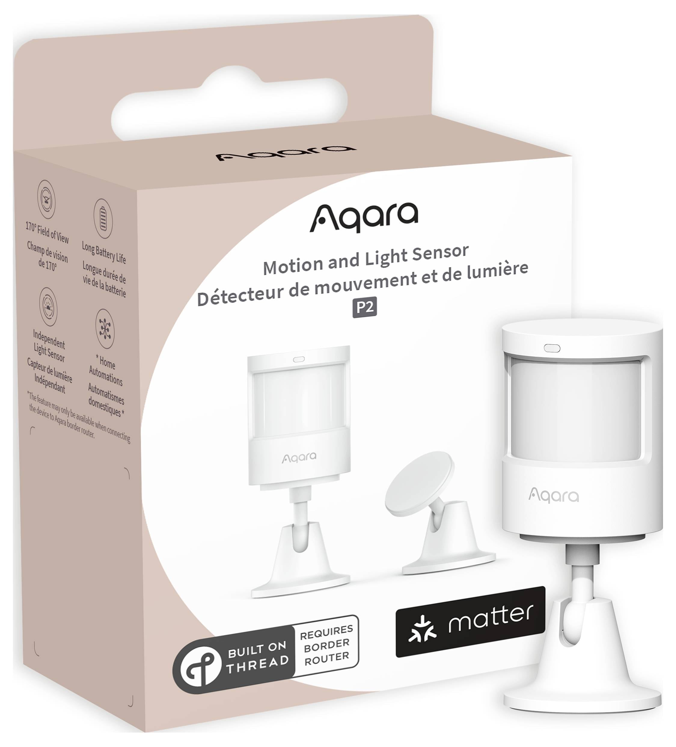 Opakowanie czujnika ruchu i światła Aqara P2, prezentujące urządzenie z elastycznym uchwytem. Wspiera protokoły Thread i Matter.