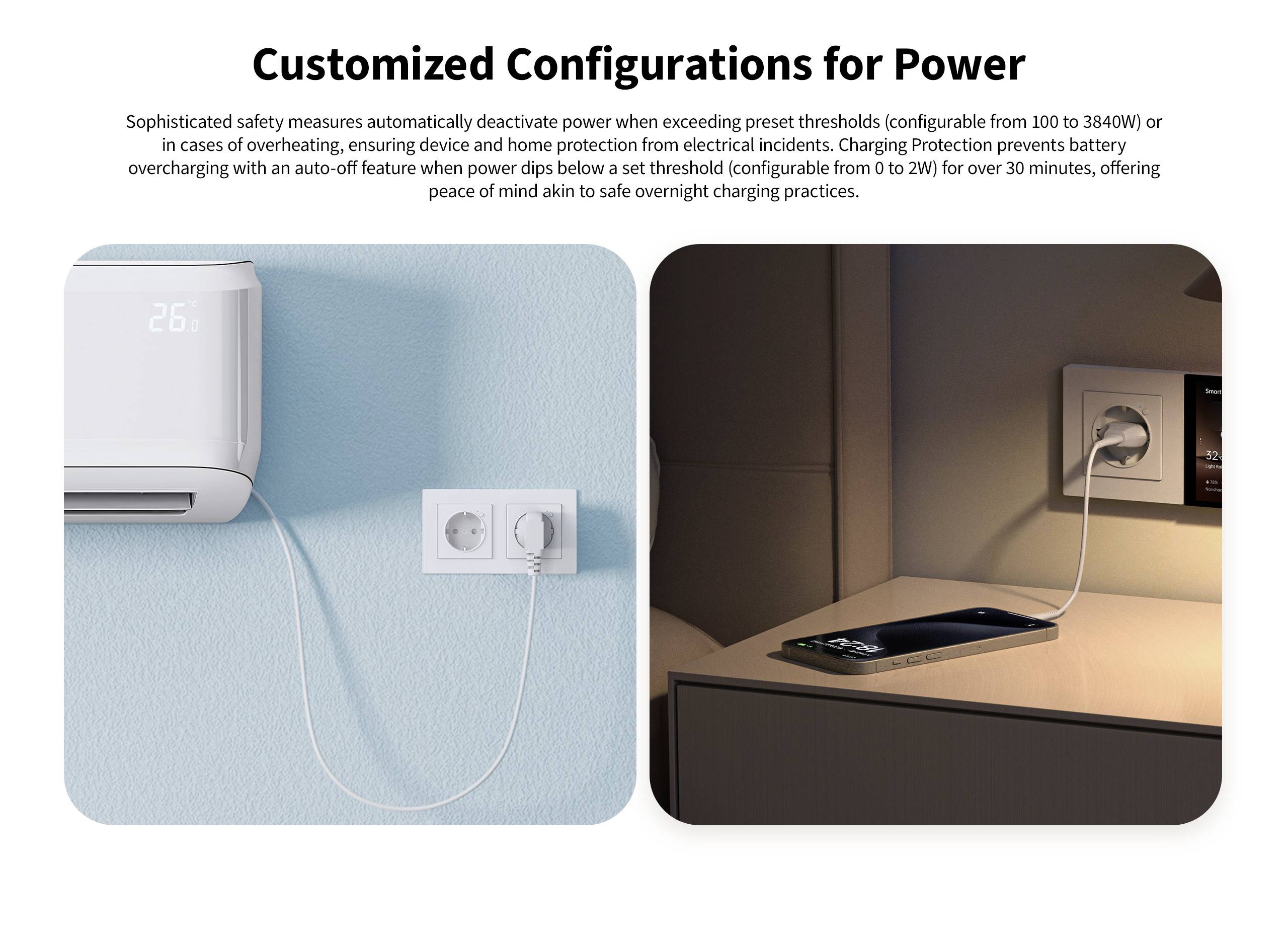 „Spersonalizowane konfiguracje zasilania": Dwa obrazy przedstawiają różne scenariusze gniazdek elektrycznych, jeden z klimatyzatorem, a drugi z telefonem komórkowym.