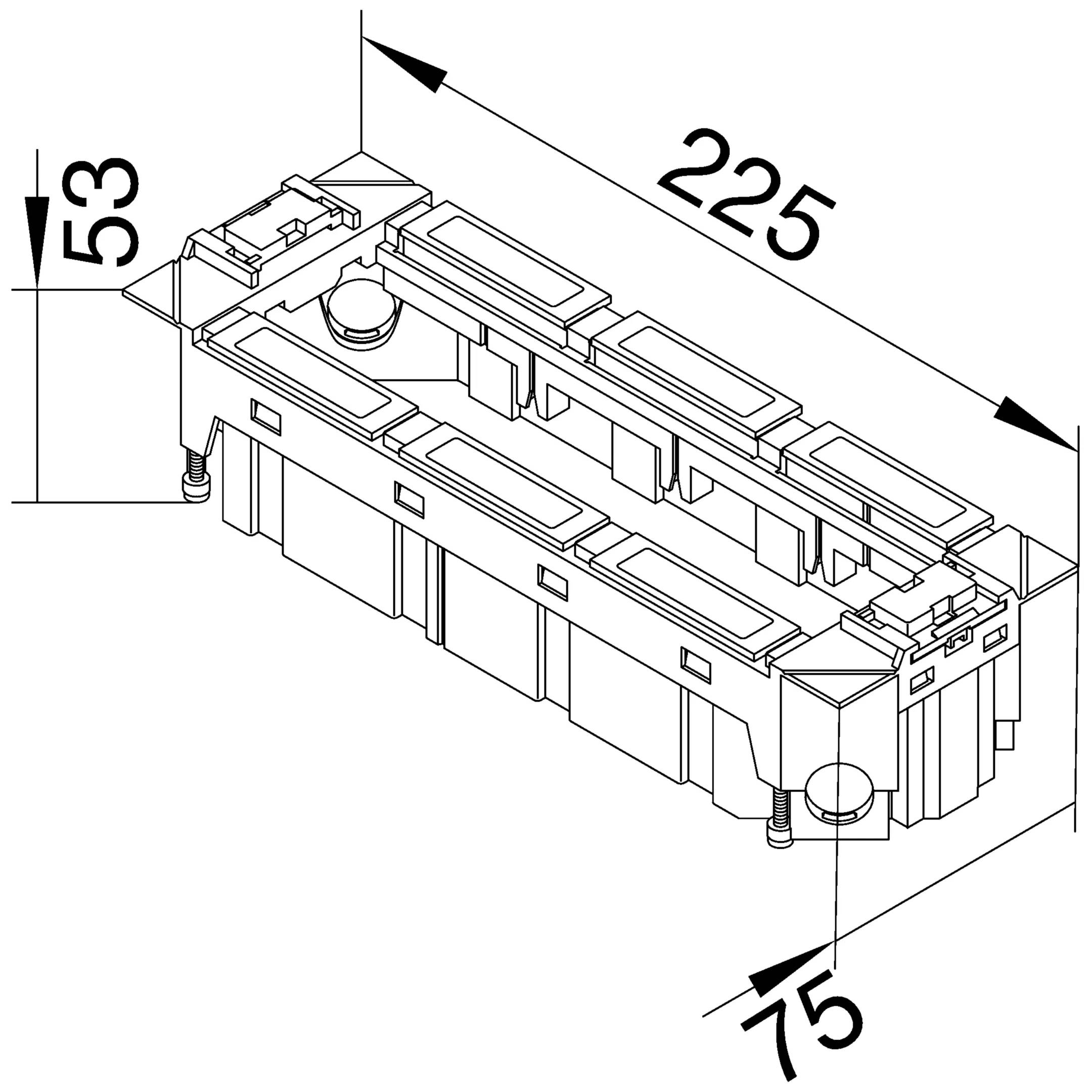 Rysunek techniczny prostokątnego elementu o wymiarach 225 mm długości, 75 mm szerokości i 53 mm wysokości.