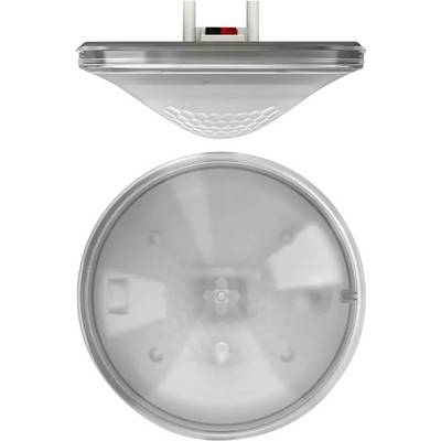Okrągła lampa sufitowa z białym kloszem i subtelnym wzorem, zamontowana centralnie.