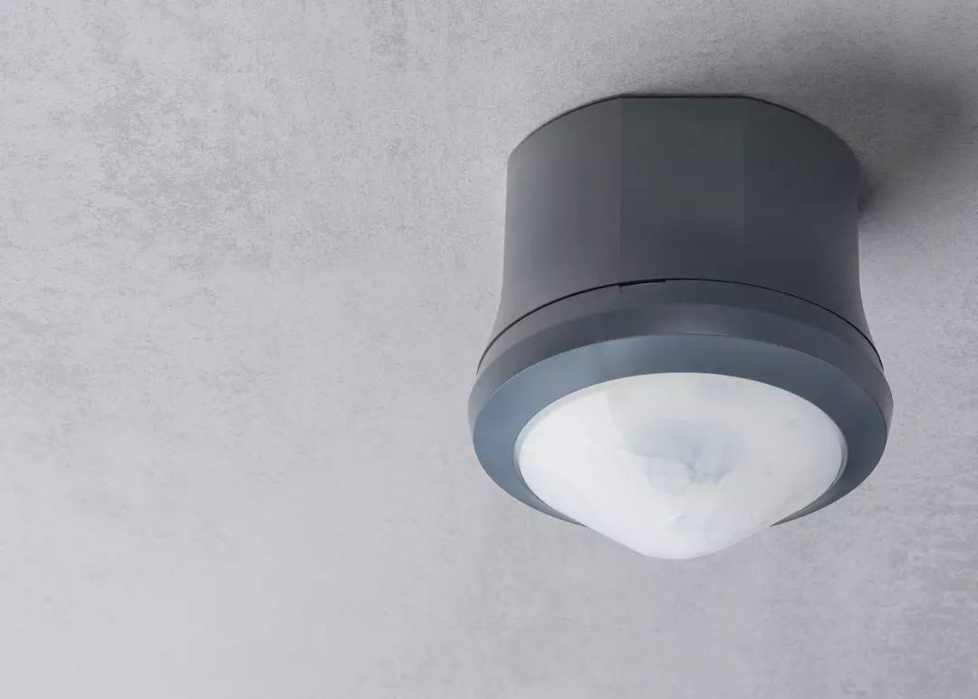 Szara, cylindryczna lampa sufitowa z wypukłym, rozpraszającym kloszem. Zawieszona jest na szarym suficie.