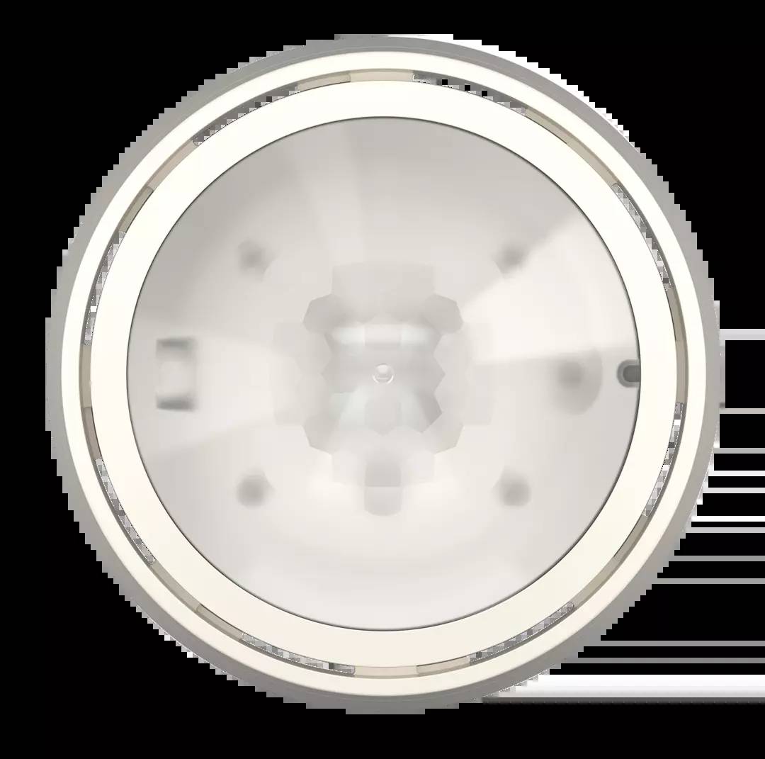 Okrągła, biała lampa z tworzywa sztucznego z przezroczystą środkową częścią i gładką, błyszczącą powierzchnią.