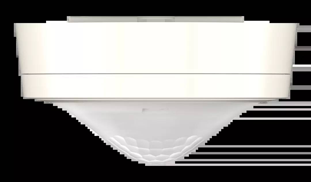 Biała, kwadratowa lampa sufitowa o nowoczesnym, minimalistycznym designie z przezroczystymi panelami z tworzywa sztucznego, zapewniająca miękkie oświetlenie.