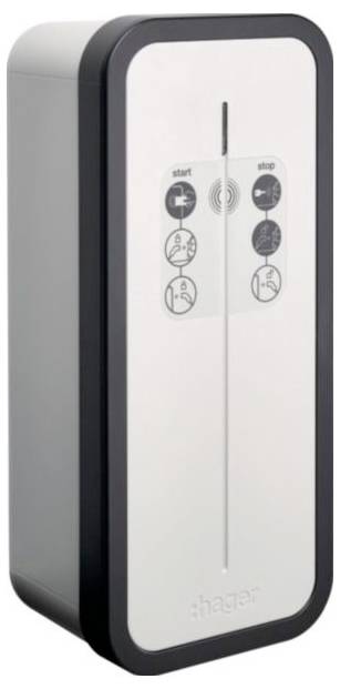 Prostokątne urządzenie elektryczne z czarnymi krawędziami i białą przednią ścianką. Na przedniej ściance znajdują się symbole z napisami 'start' i 'stop'.