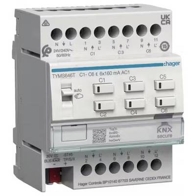 Elektroniczne urządzenie łączeniowe firmy Hager z wieloma gniazdami i oznaczeniami od C1 do C6. Odpowiednie dla napięcia 24-240V.