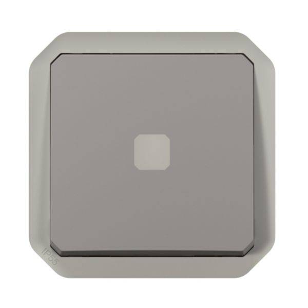 Kwadratowy, szary włącznik naścienny, zaprojektowany w minimalistycznym stylu, z łagodnie zaokrąglonymi narożnikami i małym, wypukłym centrum.