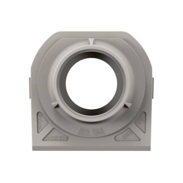 Szary, kwadratowy adapter z tworzywa sztucznego widziany z góry, z centralnym otworem okrągłym, odpowiedni do przepustów kablowych.