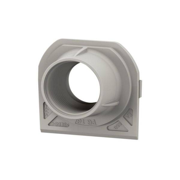 Szara plastikowa tuleja, kwadratowa, z okrągłym wnętrzem i zaciskiem bocznym. Stosowana do przeprowadzania kabli lub ich mocowania.