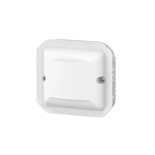 Biały, kwadratowy czujnik dymu o zaokrąglonych rogach z dwoma widocznymi śrubami na przedniej części.