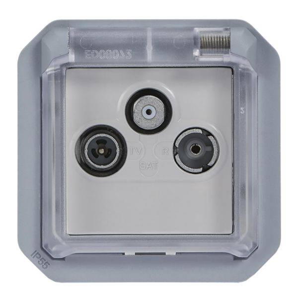 'Gniazdo antenowe z trzema złączami do TV, radia i SAT, otoczone przezroczystą obudową z ochroną IP55.'
