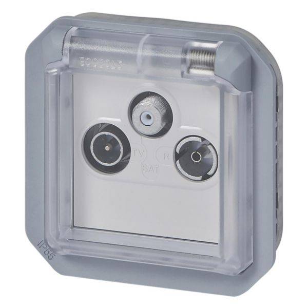 'Gniazdo z przezroczystą pokrywą ochronną, kombinowane do podłączenia TV, radia i sygnału satelitarnego. Odpowiednie do zastosowań na zewnątrz.'