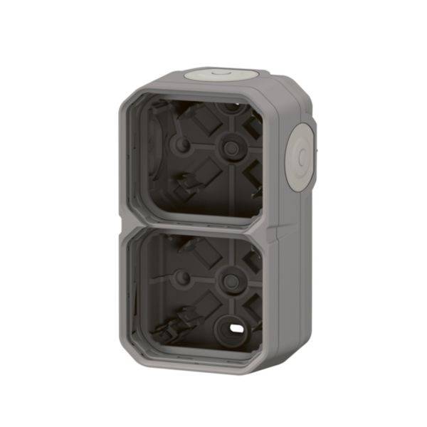 Puste, szare obudowa z tworzywa sztucznego z dwoma przegrodami, odpowiednia do montażu komponentów elektrycznych, wolnostojąca i bez pokrywy.