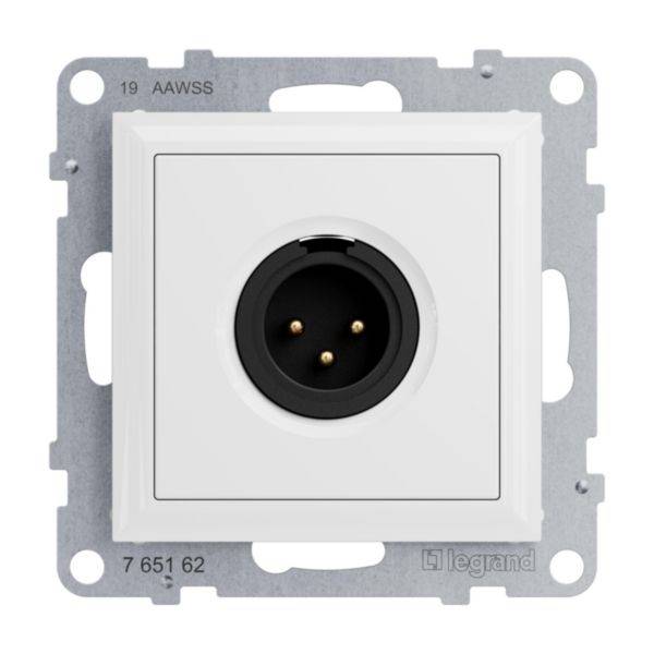 Biała, okrągła wtyczka w kwadratowej ramce z trzema stykami, zamontowana na metalowej płytce. Widoczna marka 'Legrand' w dolnym prawym rogu.