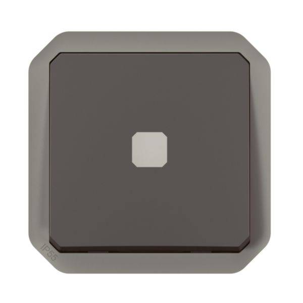 Ciemnoszary, kwadratowy włącznik światła z zaokrąglonymi narożnikami, umieszczony na jasnoszarej ramce, oznaczony symbolem 'IP55'.