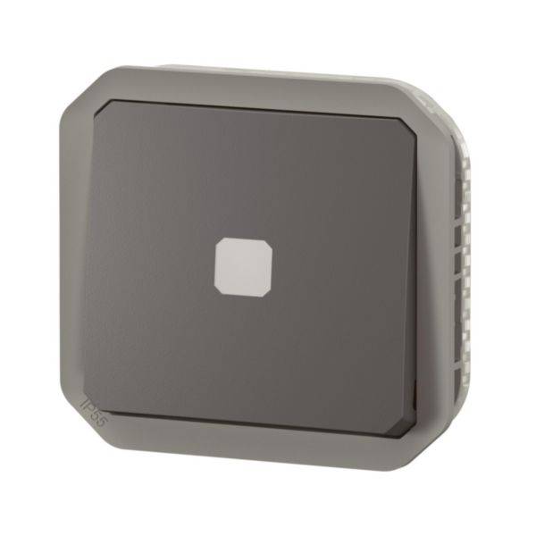 Nowoczesny, szary włącznik światła o kwadratowym kształcie.