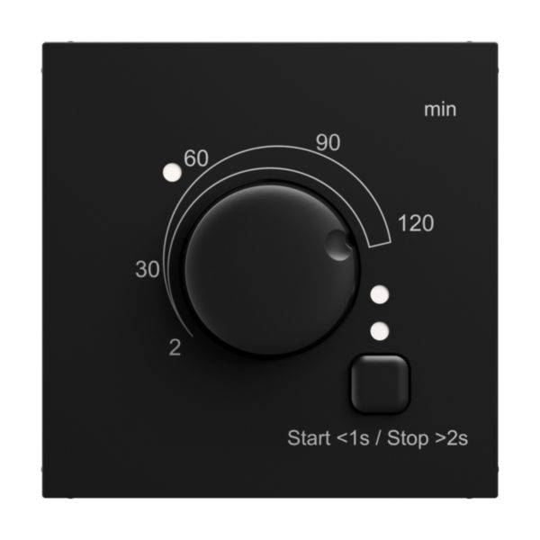 Czarny przełącznik obrotowy do ustawiania czasu ze skalą od 2 do 120 minut. Przełącznik kołyskowy steruje rozpoczęciem i zatrzymaniem odliczania czasu.
