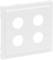 Biała kwadratowa płyta z czterema okrągłymi otworami, stosowana do montażu gniazd elektrycznych lub włączników na ścianie.